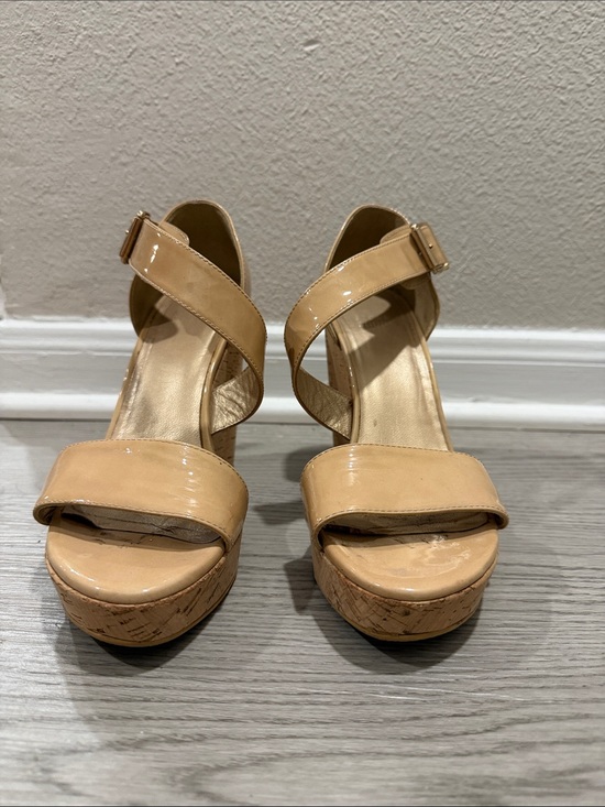 Stuart Weitzman Dayna Patent Crisscross Platform Sandals  Stuart Weitzman Patent Tan Platform Wedge Sandals